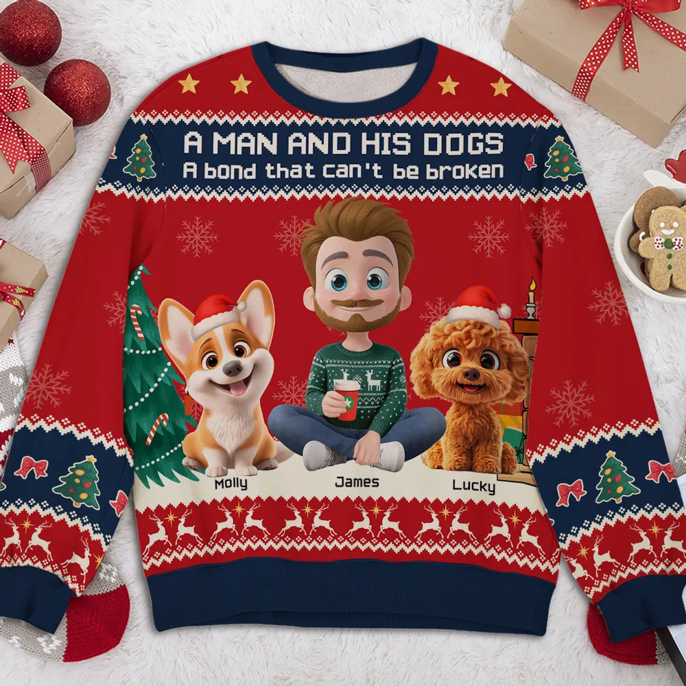 A Man and His Dog Sweatshirt, Custom All-Over Print, Cozy Christmas Cartoon, unique gift for dog dads & pet lovers - Image 3