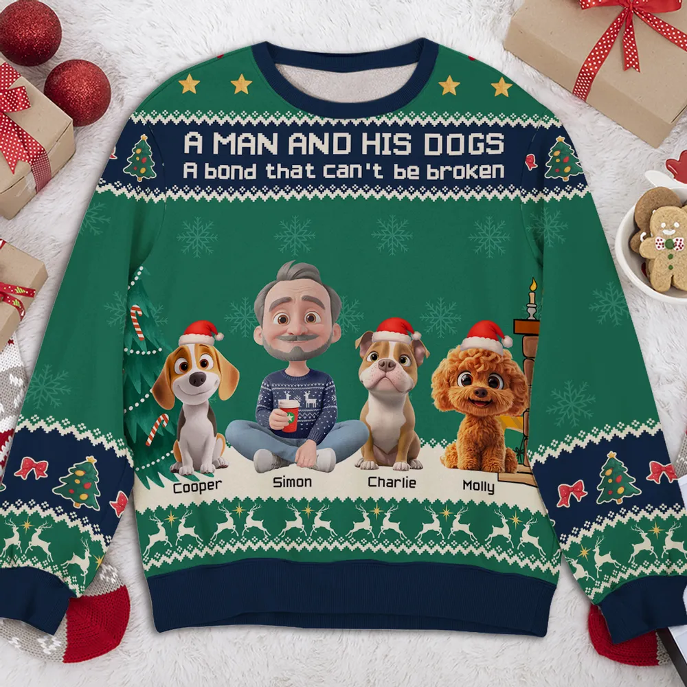 A Man and His Dog Sweatshirt, Custom All-Over Print, Cozy Christmas Cartoon, unique gift for dog dads & pet lovers - Image 4