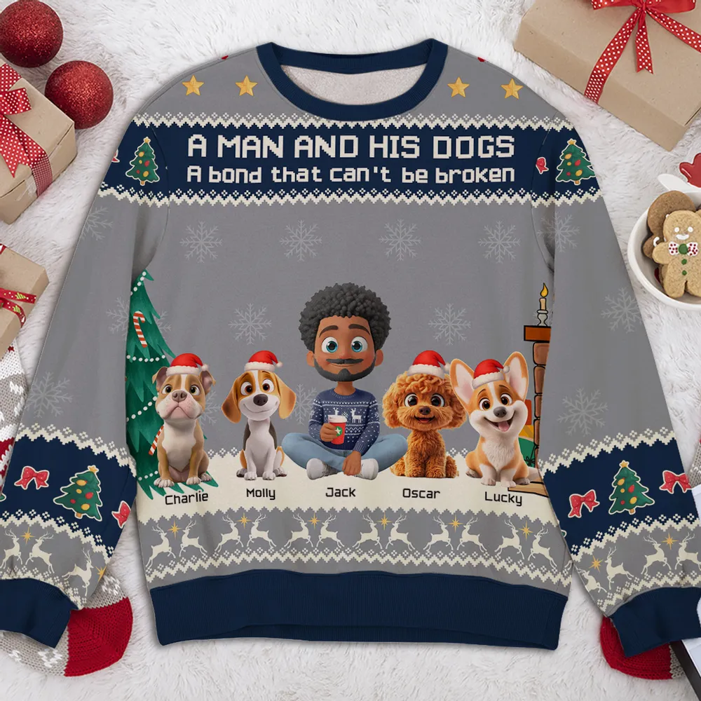 A Man and His Dog Sweatshirt, Custom All-Over Print, Cozy Christmas Cartoon, unique gift for dog dads & pet lovers - Image 5