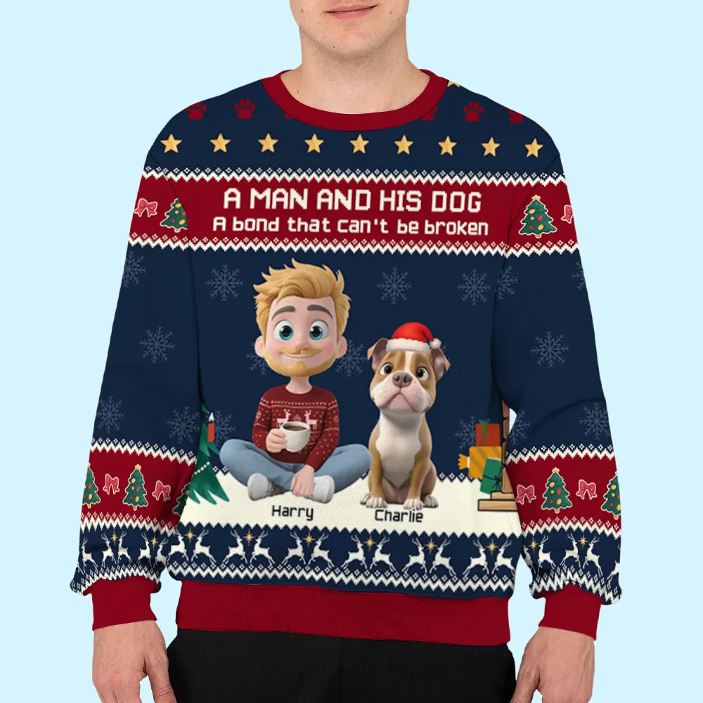 A Man and His Dog Sweatshirt, Custom All-Over Print, Cozy Christmas Cartoon, unique gift for dog dads & pet lovers - Image 6