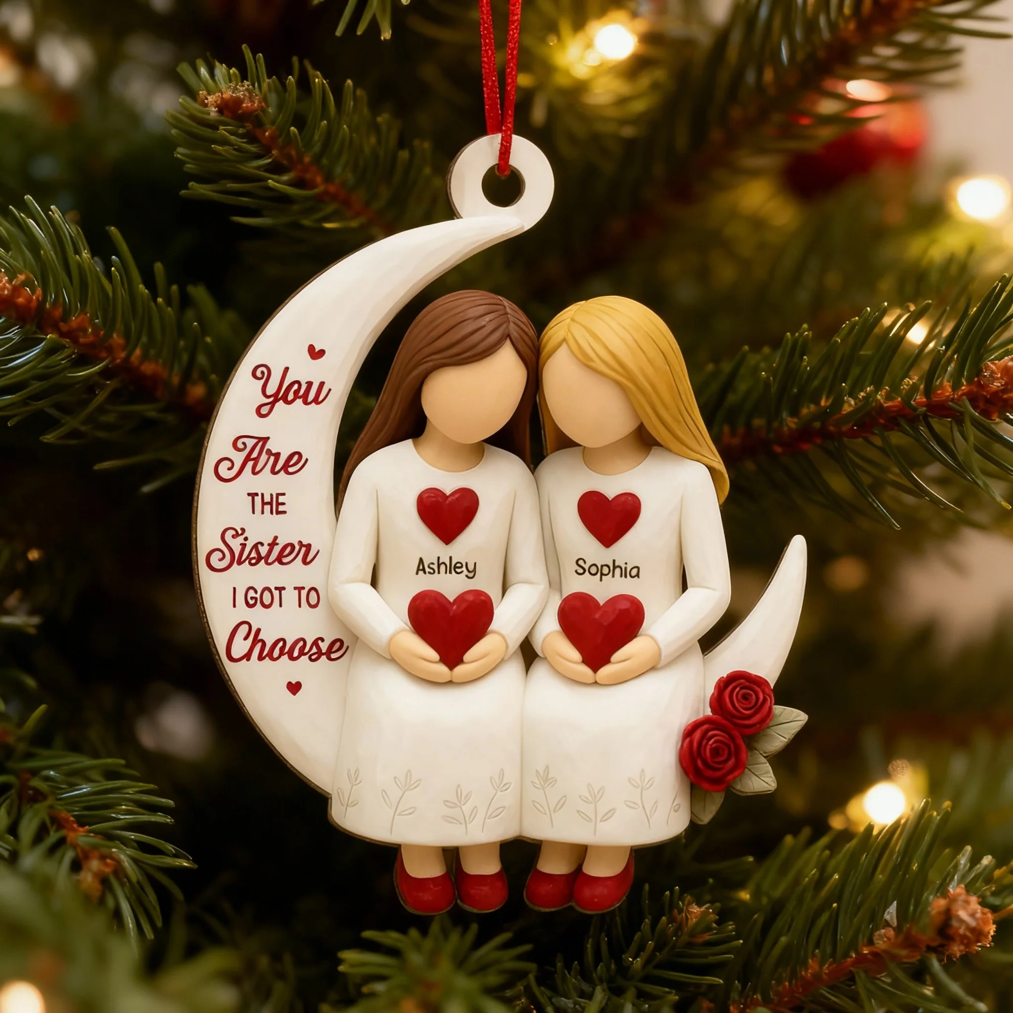 Wooden Ornament, Chosen Sister Friendship Design for Christmas Tree, crescent moon hearts, a unique gift for Best Friend
