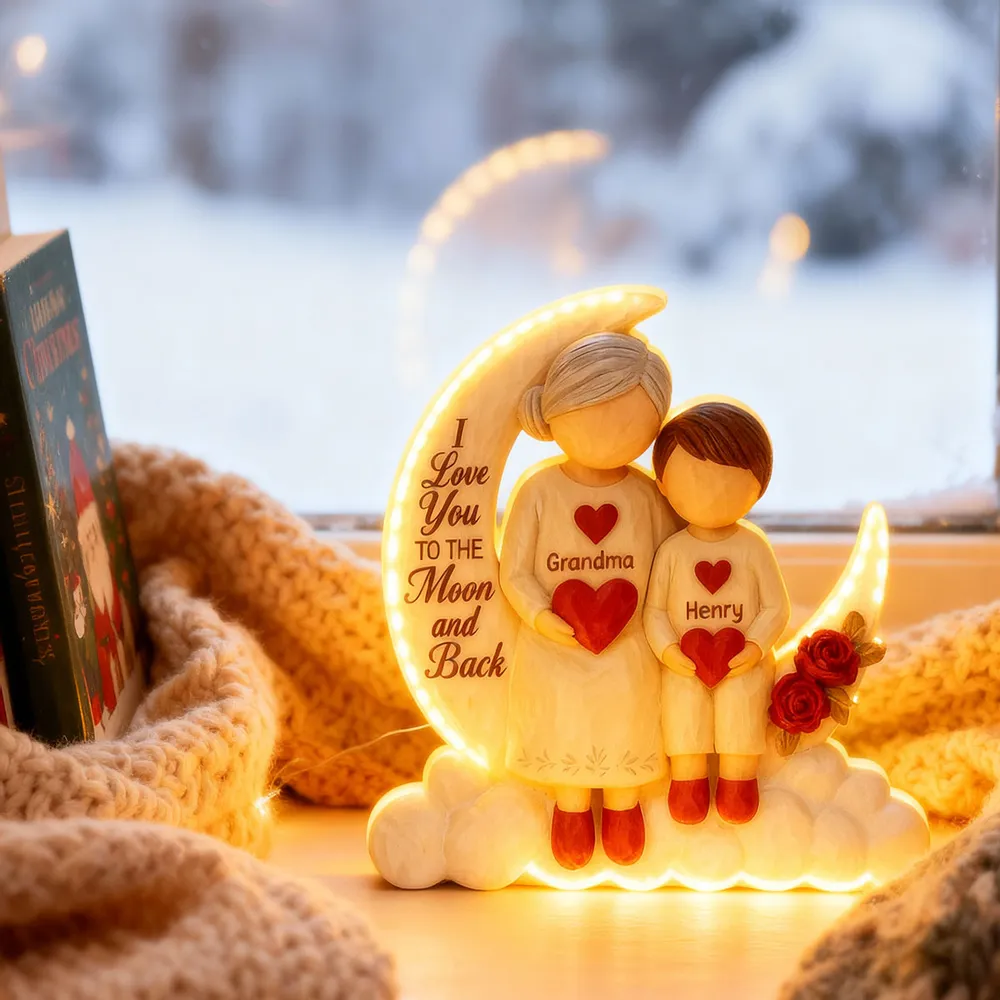 Acrylic Light Box - Crescent Moon with Child Holding Hearts, 'To the Moon and Back' Glow, Unique Gift for Grandma - Image 2