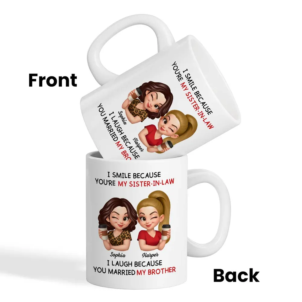 Sister-in-Law Mug with Cute Cartoon Art, playful coffee joke, cozy morning sips, a unique gift for your sister-in-law - Image 3