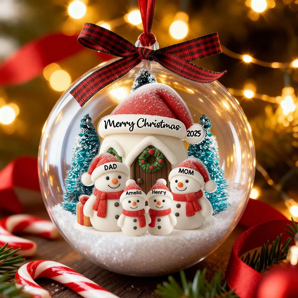 Snowman Family Ball Ornament - Snow Globe Look, Cozy Snow House - A unique Christmas gift for Parents & Family - Image 2