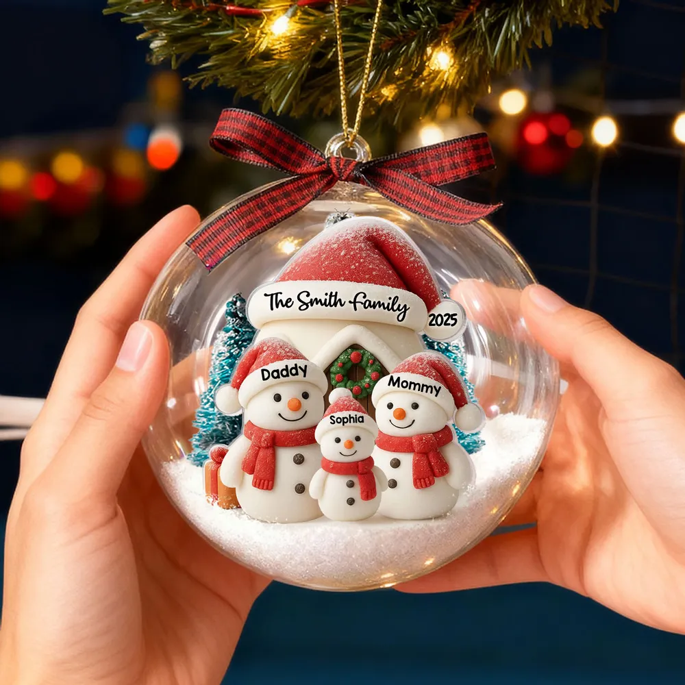 Snowman Family Ball Ornament - Snow Globe Look, Cozy Snow House - A unique Christmas gift for Parents & Family - Image 3
