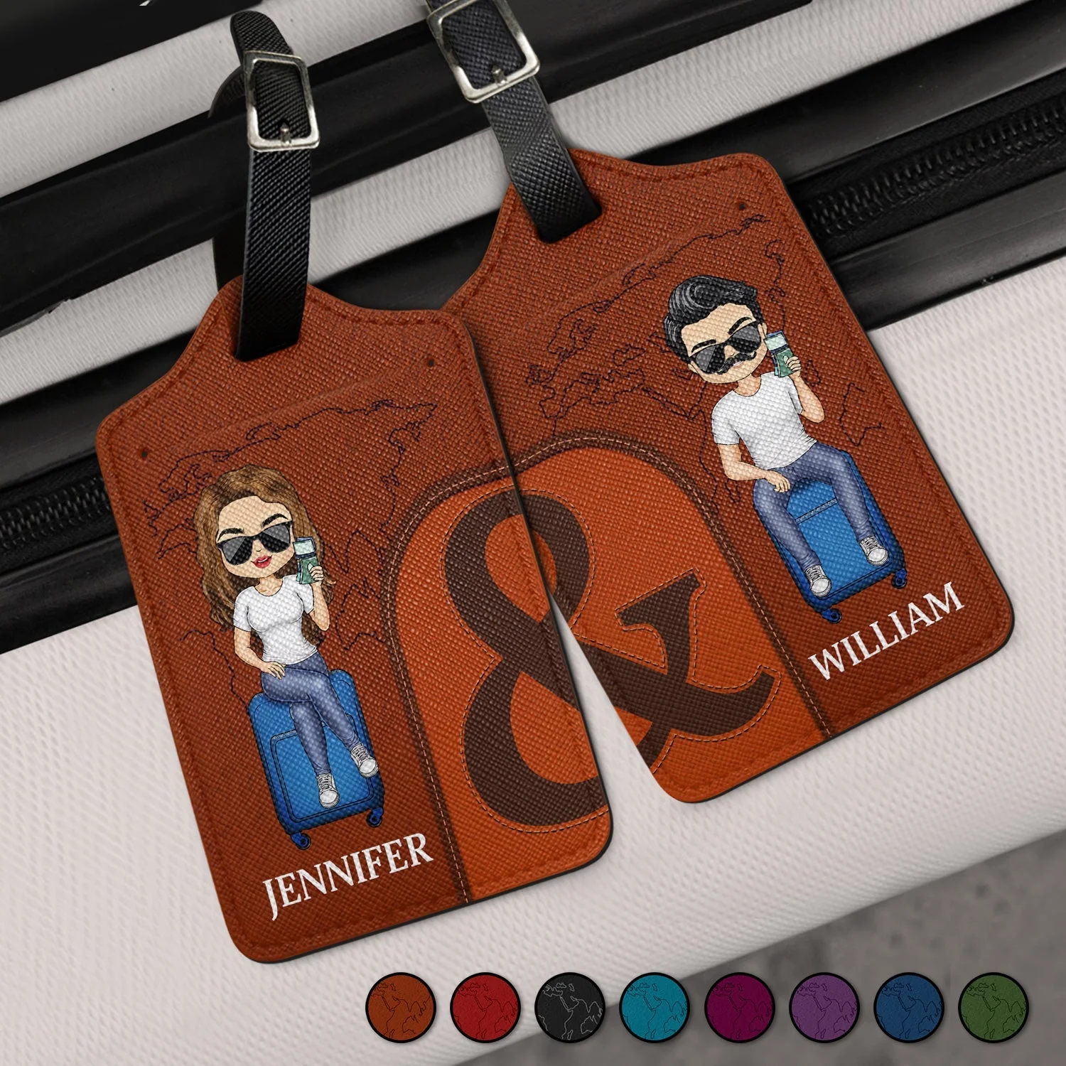 Leather Luggage Tag Set of 2, Personalized for Couples, cartoon couple on suitcase, easy to spot, a unique gift for travelers