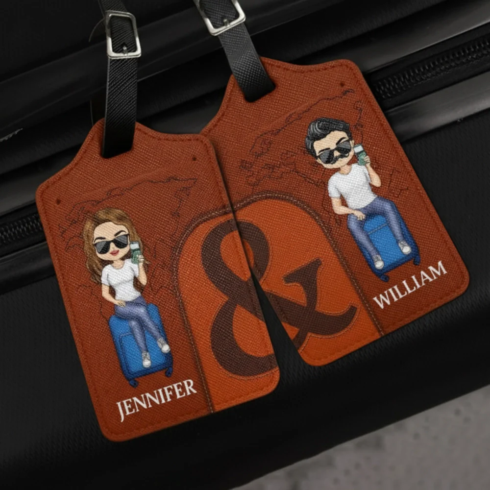 Leather Luggage Tag Set of 2, Personalized for Couples, cartoon couple on suitcase, easy to spot, a unique gift for travelers - Image 2