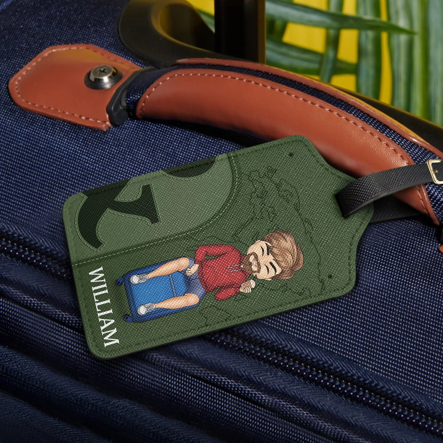 Leather Luggage Tag Set of 2, Personalized for Couples, cartoon couple on suitcase, easy to spot, a unique gift for travelers - Image 3