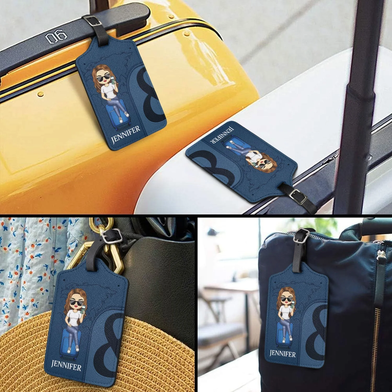 Leather Luggage Tag Set of 2, Personalized for Couples, cartoon couple on suitcase, easy to spot, a unique gift for travelers - Image 4