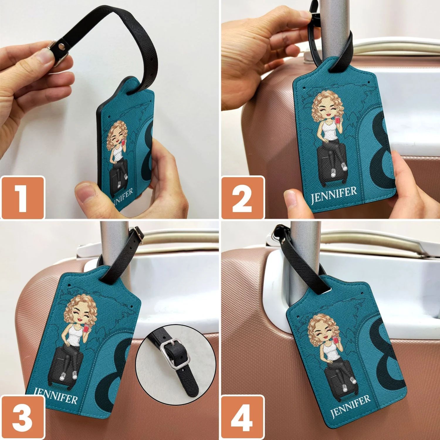 Leather Luggage Tag Set of 2, Personalized for Couples, cartoon couple on suitcase, easy to spot, a unique gift for travelers - Image 6