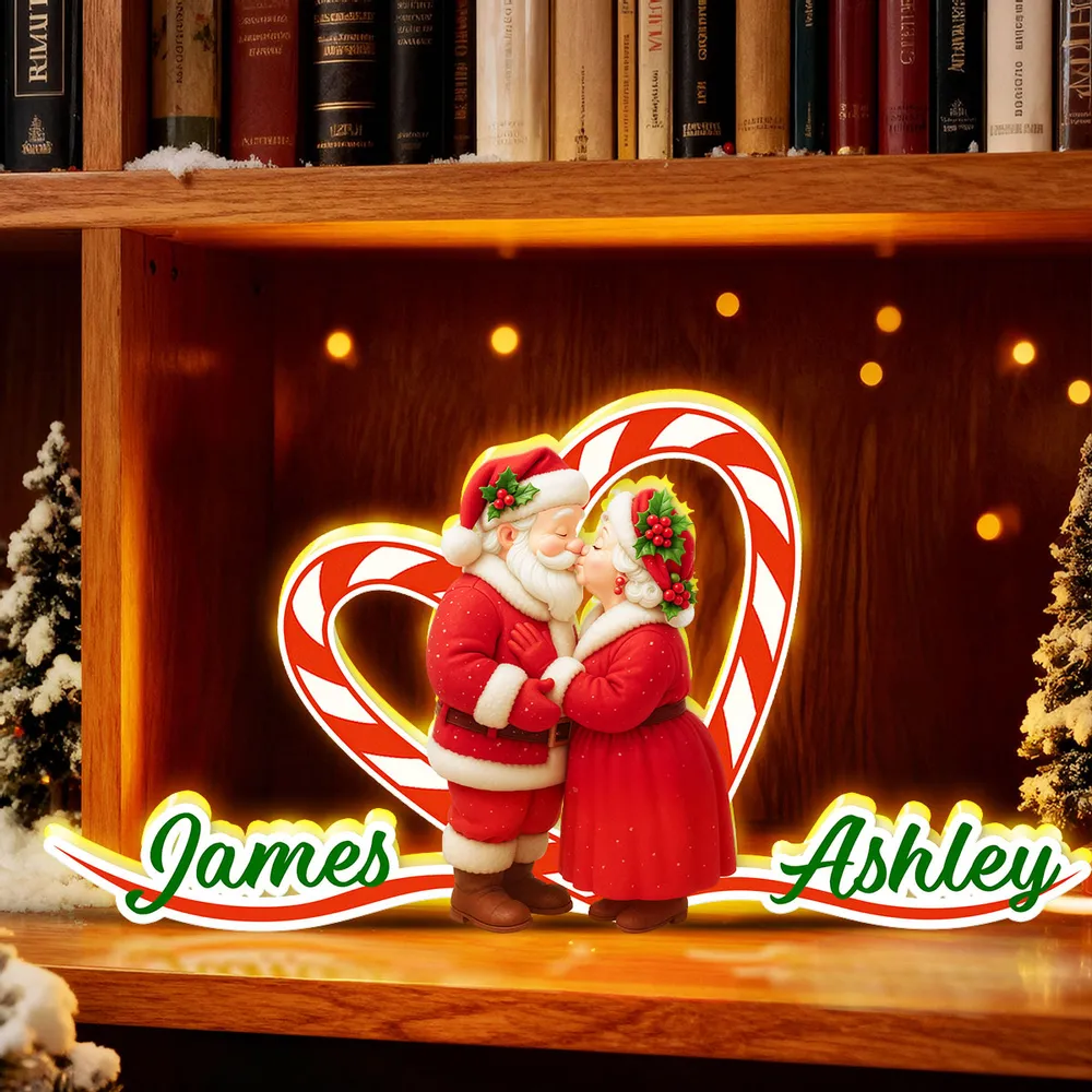 Personalized Acrylic Light Box - Santa Couple Kissing with Candy-Cane Heart, Warm Glow Holiday Decor, Unique Gift for Couples - Image 5