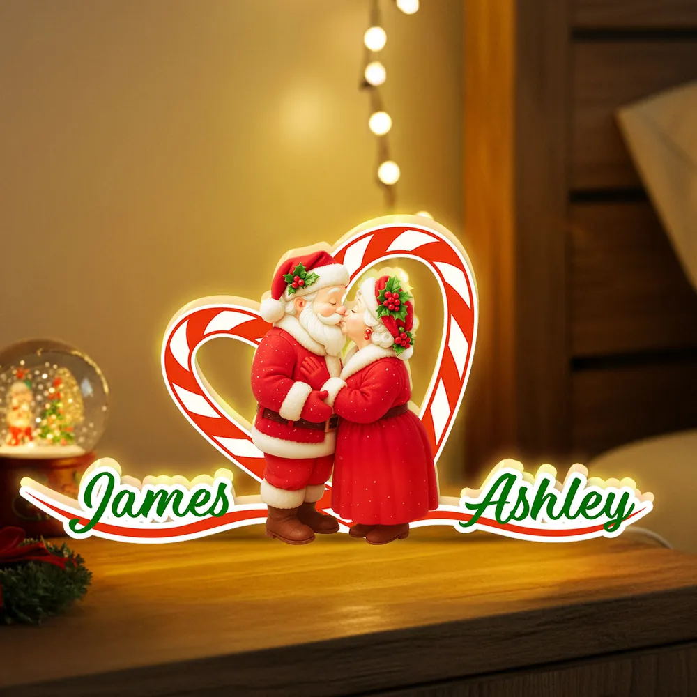 Personalized Acrylic Light Box - Santa Couple Kissing with Candy-Cane Heart, Warm Glow Holiday Decor, Unique Gift for Couples - Image 7