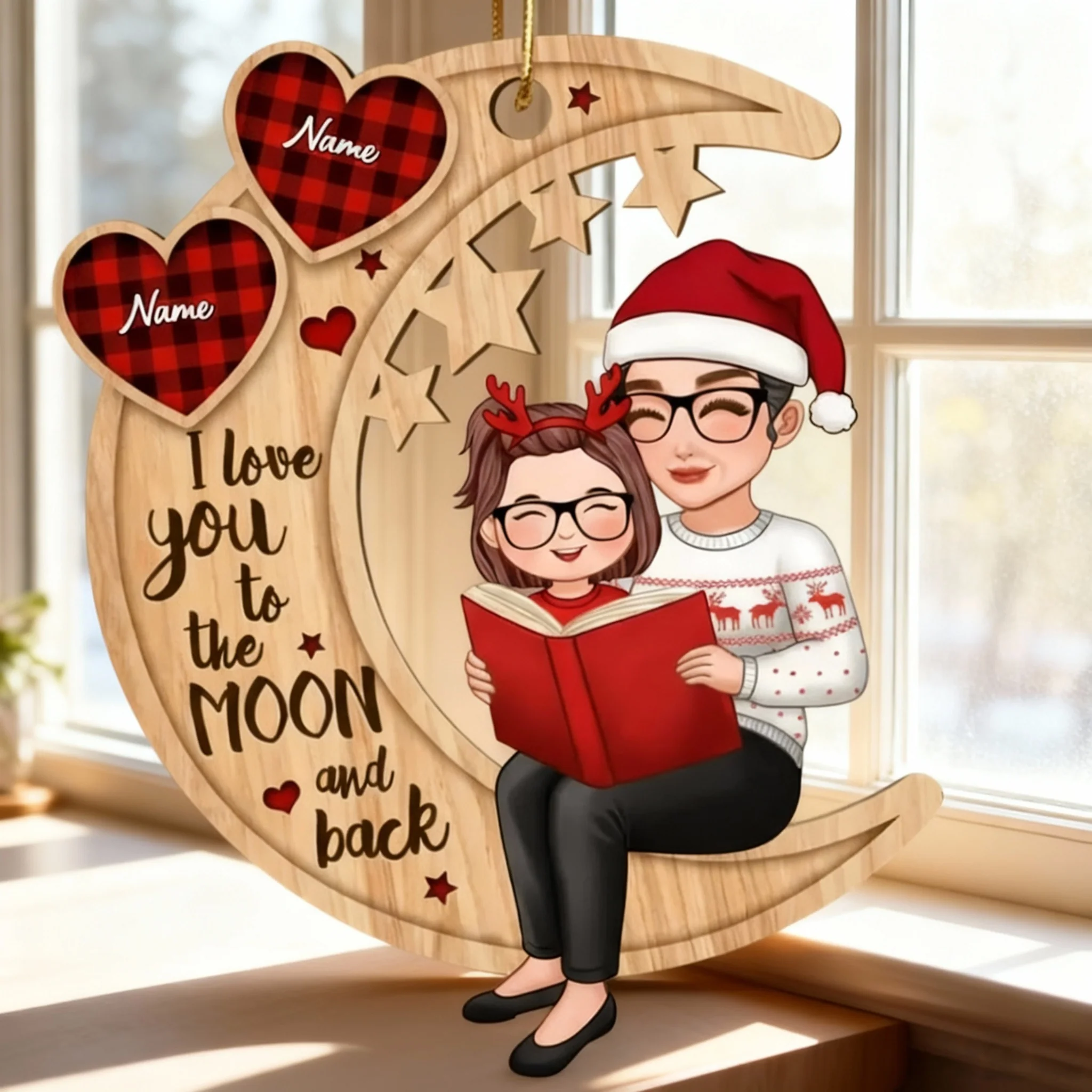 Wooden Ornament Grandma & Grandkid on Crescent Moon, I Love You to the Moon & Back - Xmas Decor, unique gift for Grandkids - Image 2