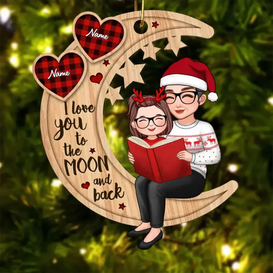 Wooden Ornament Grandma & Grandkid on Crescent Moon, I Love You to the Moon & Back - Xmas Decor, unique gift for Grandkids - Image 3