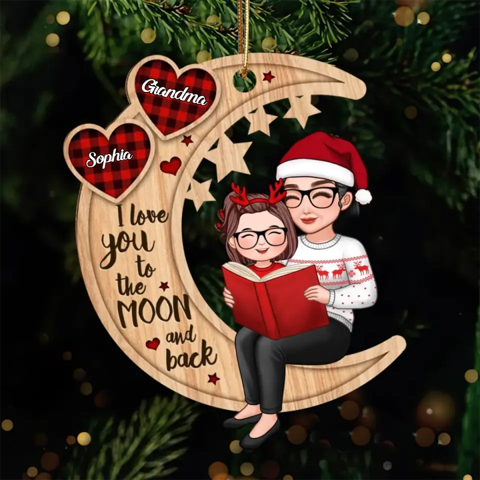 Wooden Ornament Grandma & Grandkid on Crescent Moon, I Love You to the Moon & Back - Xmas Decor, unique gift for Grandkids - Image 4