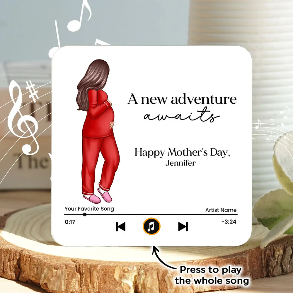 Acrylic Music Magnet for Pregnant Wife – Expecting Mom Illustration, Custom Song, Fridge Decor – A new adventure awaits – Unique Mother's Day Gift
