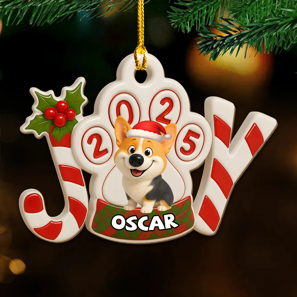 Acrylic Ornament JOY Paw Print with Cute Dog - Christmas Decor, Heartwarming Keepsake, Unique Gift for Pet Owners - Image 3