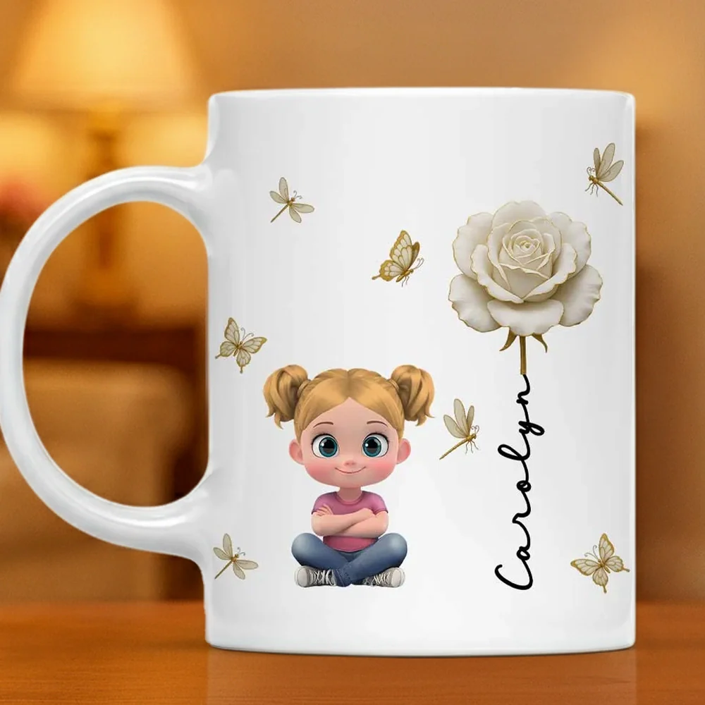 White Ceramic Mug, Custom Cute Girl Art with Butterflies & Rose, Minimal Style, Creative Gift for Grandma, Mom, or Friend