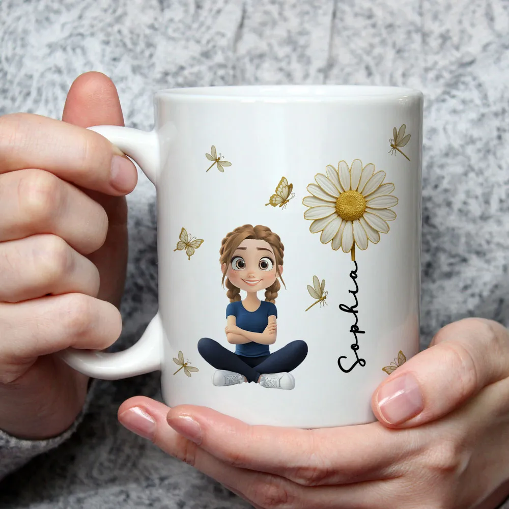 White Ceramic Mug, Custom Cute Girl Art with Butterflies & Rose, Minimal Style, Creative Gift for Grandma, Mom, or Friend - Image 3