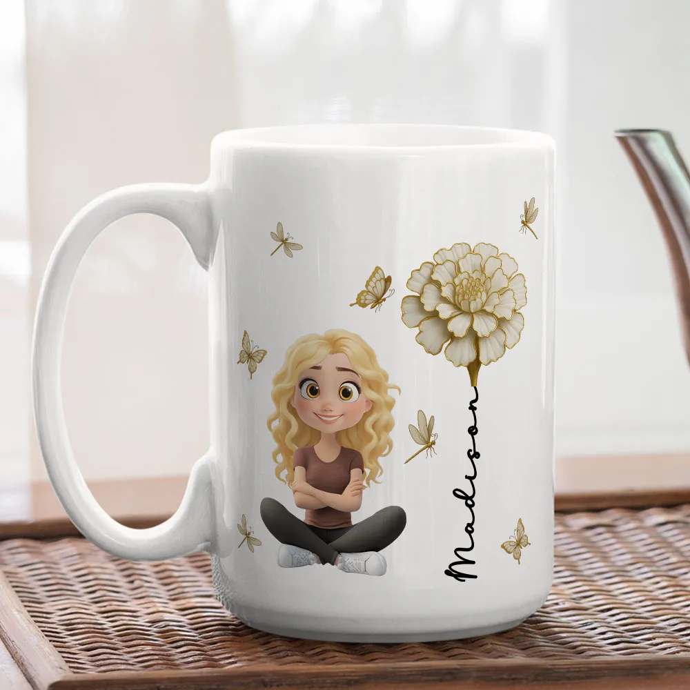 White Ceramic Mug, Custom Cute Girl Art with Butterflies & Rose, Minimal Style, Creative Gift for Grandma, Mom, or Friend - Image 4