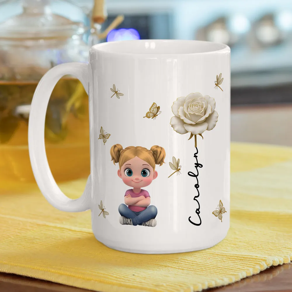 White Ceramic Mug, Custom Cute Girl Art with Butterflies & Rose, Minimal Style, Creative Gift for Grandma, Mom, or Friend - Image 5