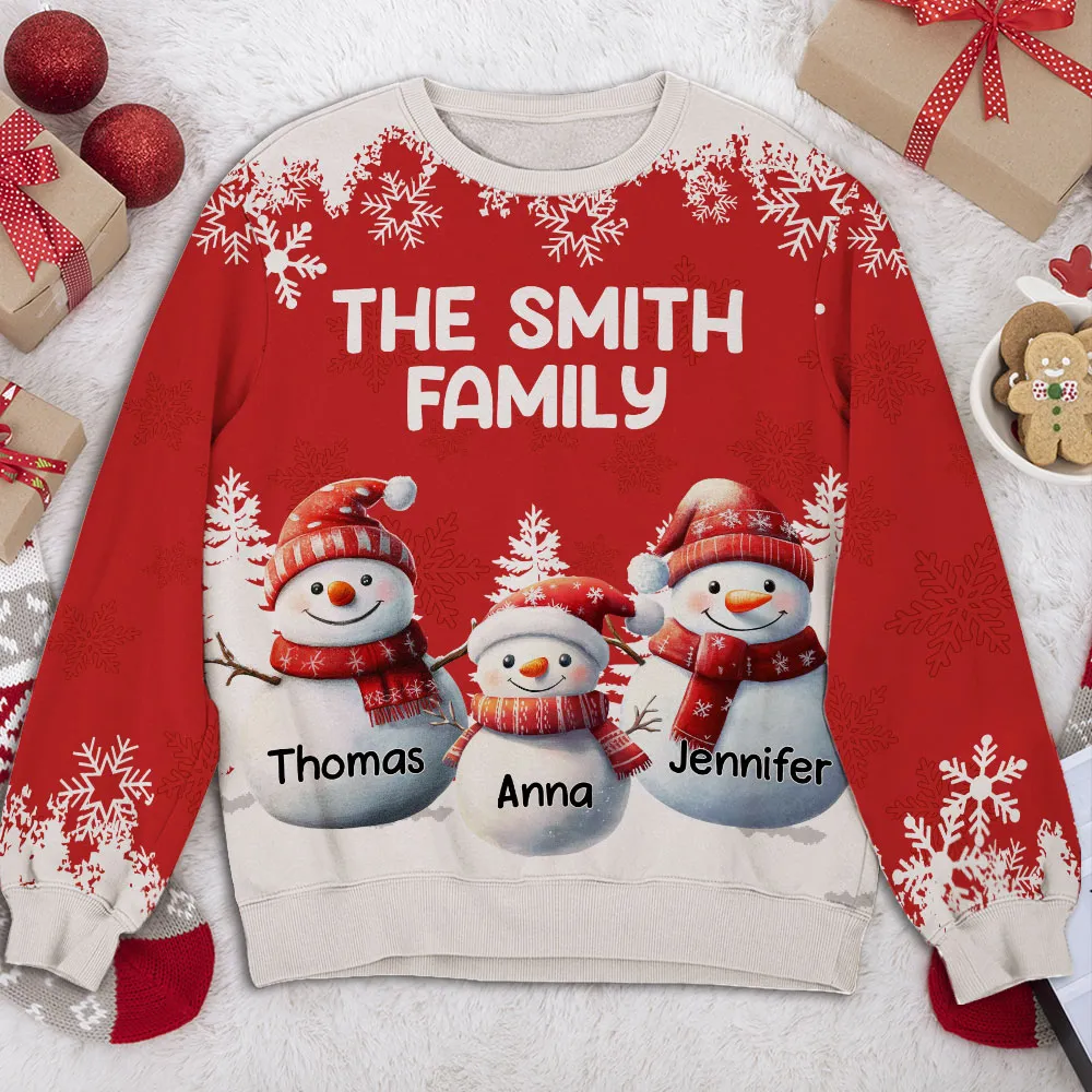 Printed Sweatshirt with All-Over Snowflakes & Snowman Family, Christmas-Ready Comfort, Unique Heartwarming Gift for Families - Image 2