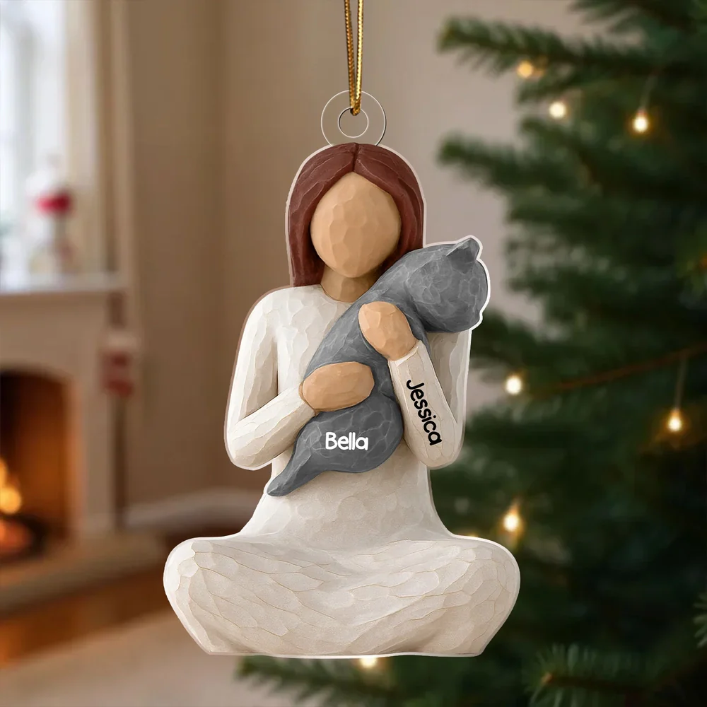 Wooden Ornament - Carved Figure Hugging a Cat, Winter Tree Decor, a unique gift for cat moms & pet owners - Image 2