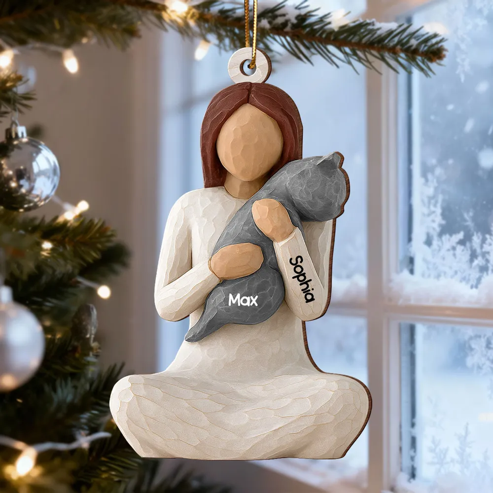Wooden Ornament - Carved Figure Hugging a Cat, Winter Tree Decor, a unique gift for cat moms & pet owners - Image 3