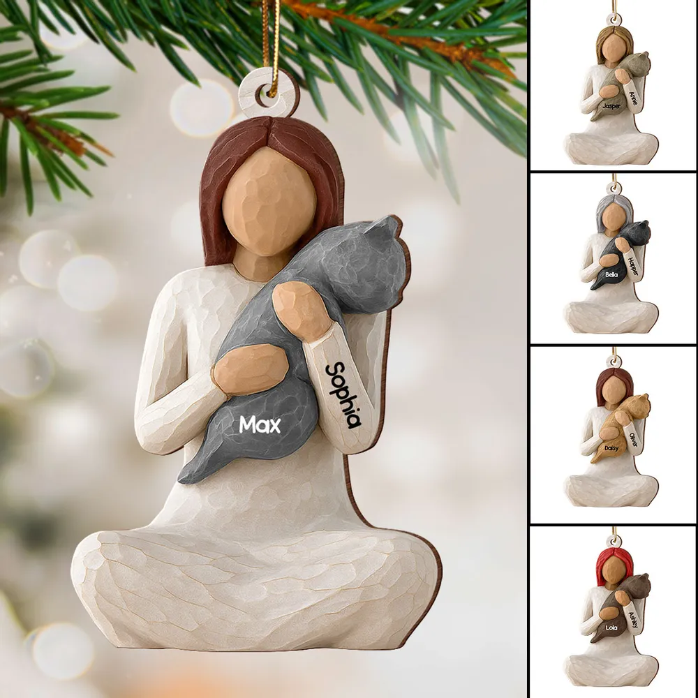 Wooden Ornament - Carved Figure Hugging a Cat, Winter Tree Decor, a unique gift for cat moms & pet owners - Image 4