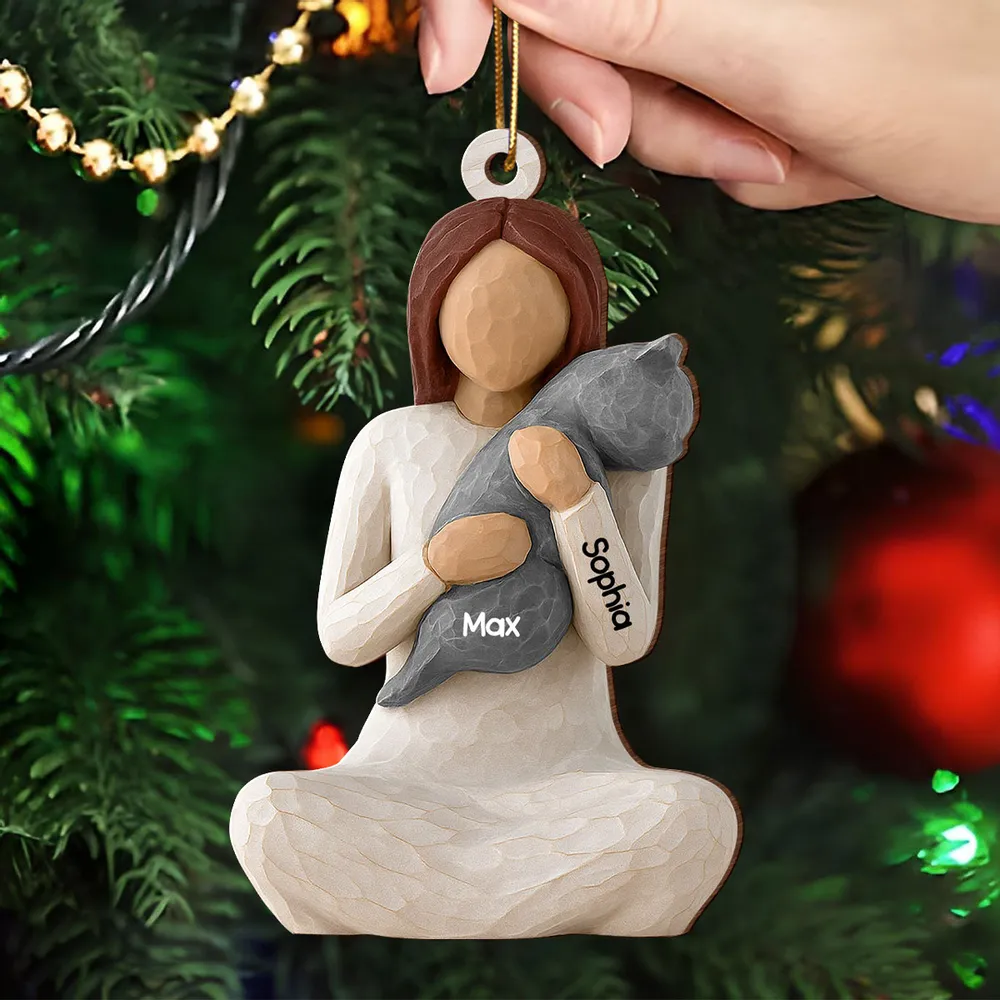 Wooden Ornament - Carved Figure Hugging a Cat, Winter Tree Decor, a unique gift for cat moms & pet owners - Image 6