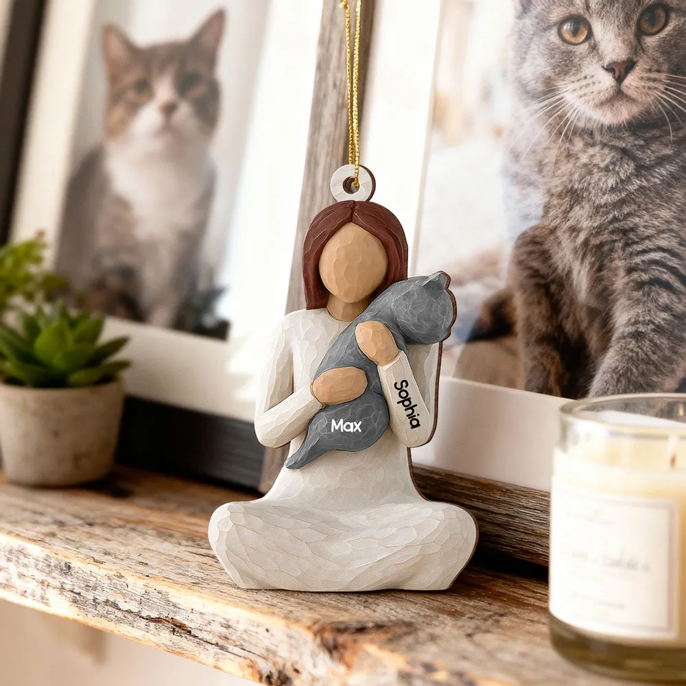 Wooden Ornament - Carved Figure Hugging a Cat, Winter Tree Decor, a unique gift for cat moms & pet owners - Image 8