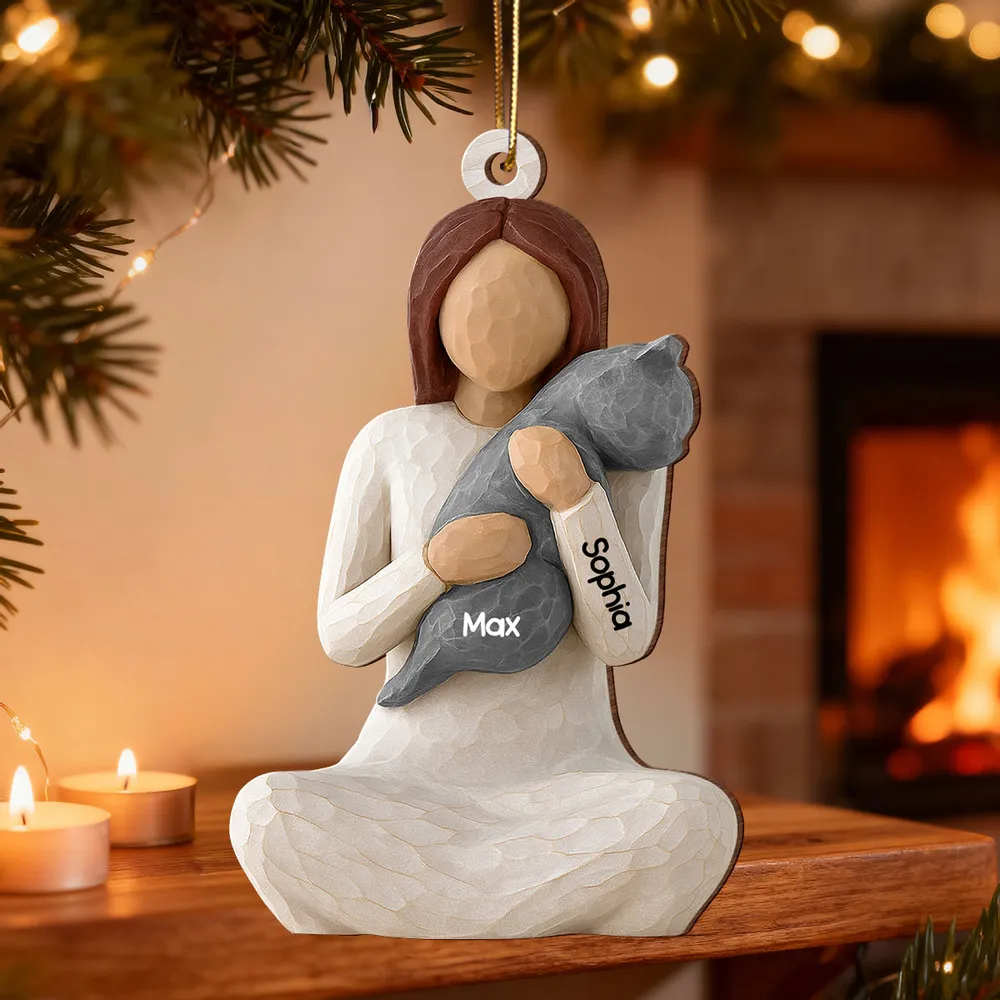 Wooden Ornament - Carved Figure Hugging a Cat, Winter Tree Decor, a unique gift for cat moms & pet owners - Image 9