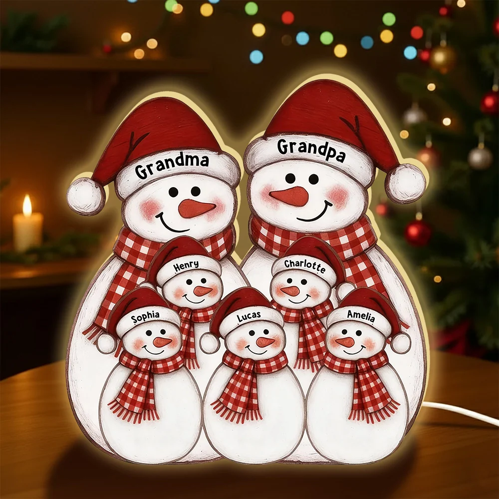 Acrylic Light Box with Folk-Art Snowman Family, Christmas decor, warm glow, unique personalized gift for Grandparents