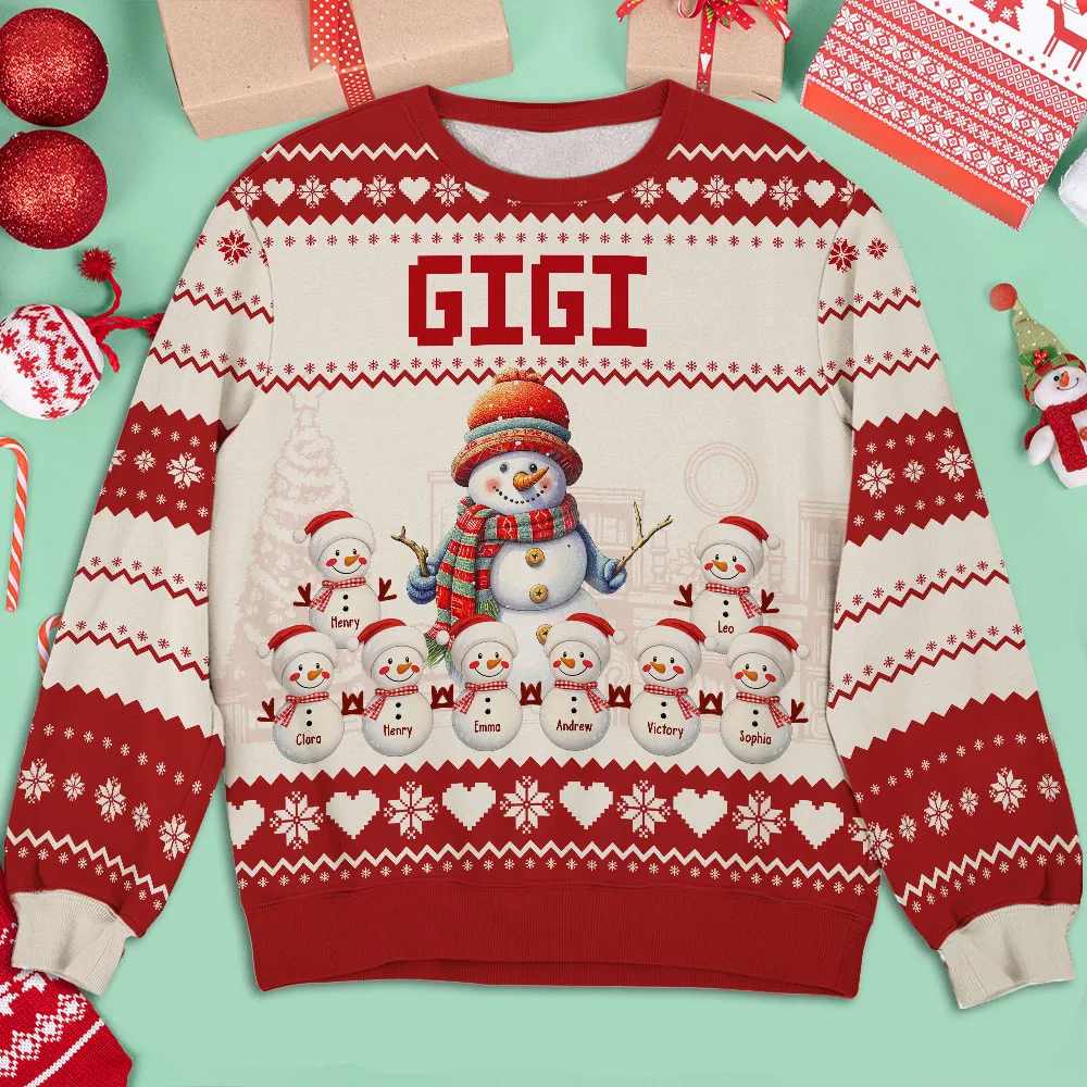 Personalized Grandma Title (GIGI/NANA) Snowman Family Sweater, Customizable Snowman Numbers, Unique Christmas Gift - Image 3