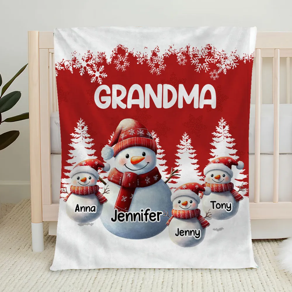 Fleece Blanket, Cute Snowman Family, Personalized, Snowy Forest Red & White, Cozy Winter Decor, Unique Grandma Gift - Image 3