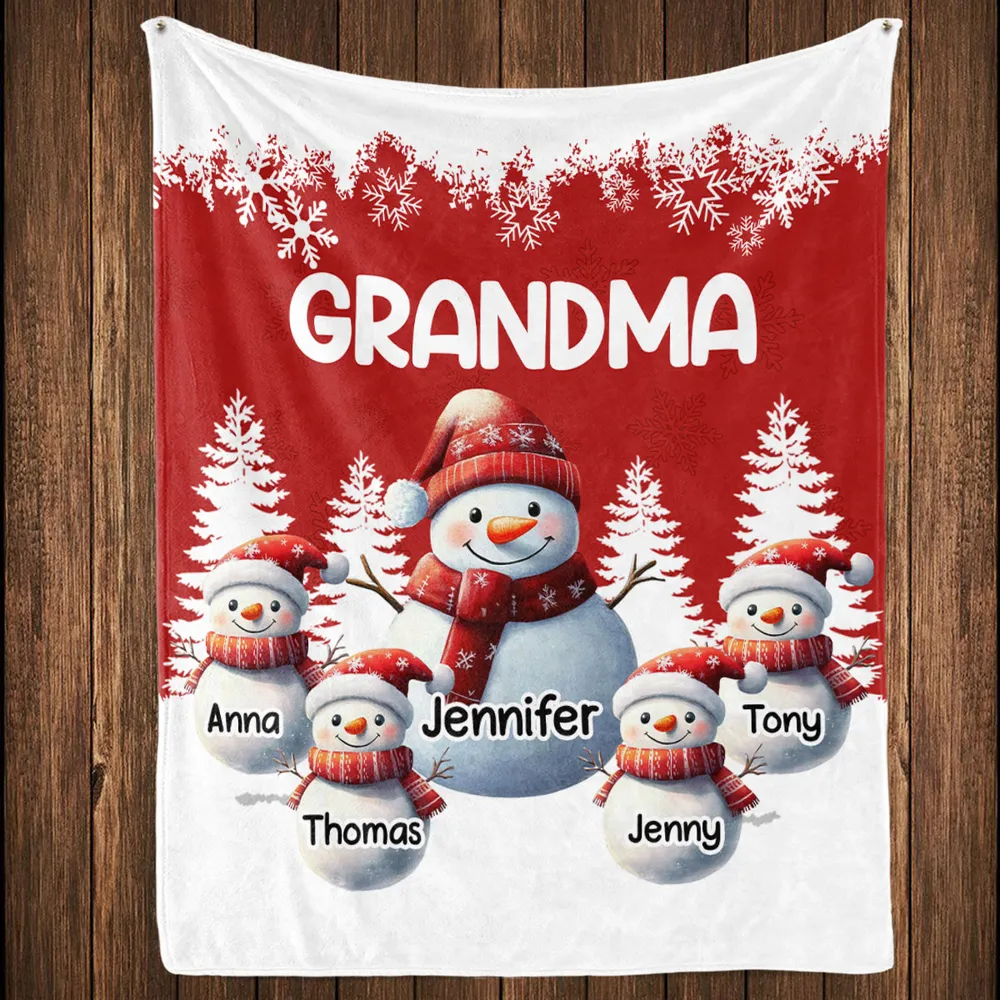 Fleece Blanket, Cute Snowman Family, Personalized, Snowy Forest Red & White, Cozy Winter Decor, Unique Grandma Gift - Image 4