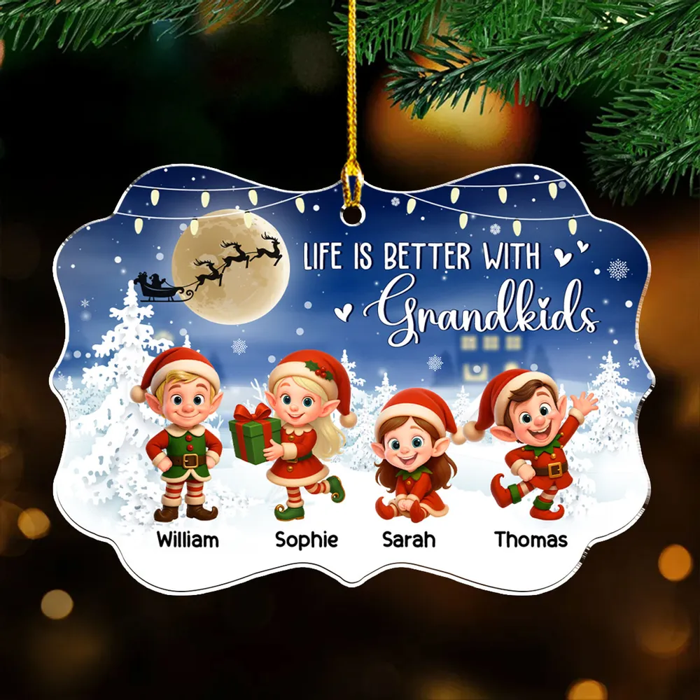 Acrylic Ornament - Life Is Better With Grandkids, cute elf scene in a moonlit snowy forest, a unique Christmas gift for Grandma and Grandpa - Image 3