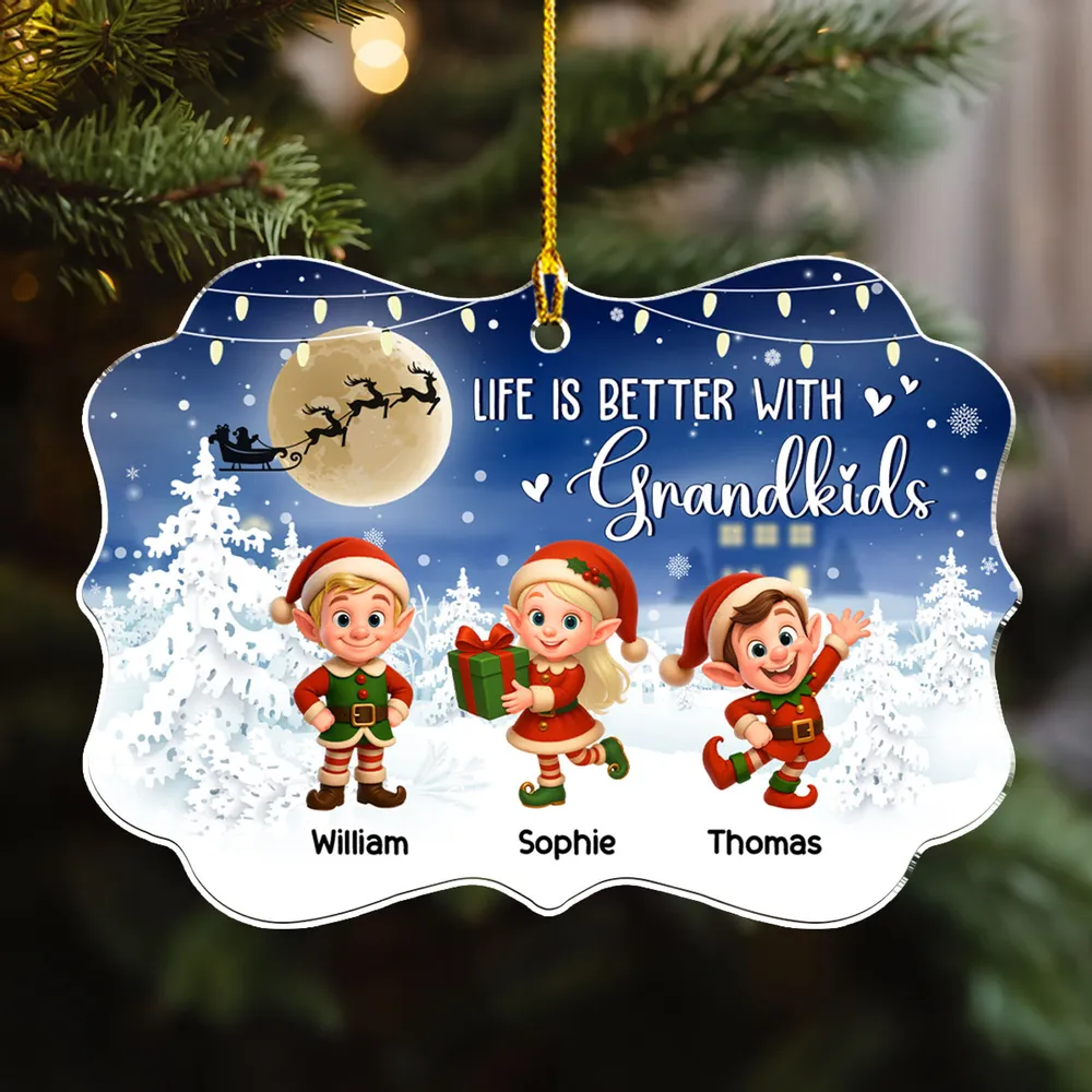 Acrylic Ornament - Life Is Better With Grandkids, cute elf scene in a moonlit snowy forest, a unique Christmas gift for Grandma and Grandpa - Image 4