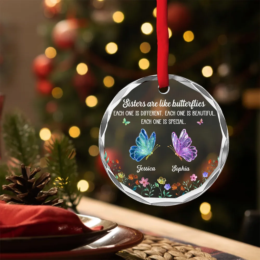 Sisters Are Like Butterflies Crystal Ornament, Personalized, Butterfly & Floral, Christmas Tree decor, unique gift for Sister - Image 2