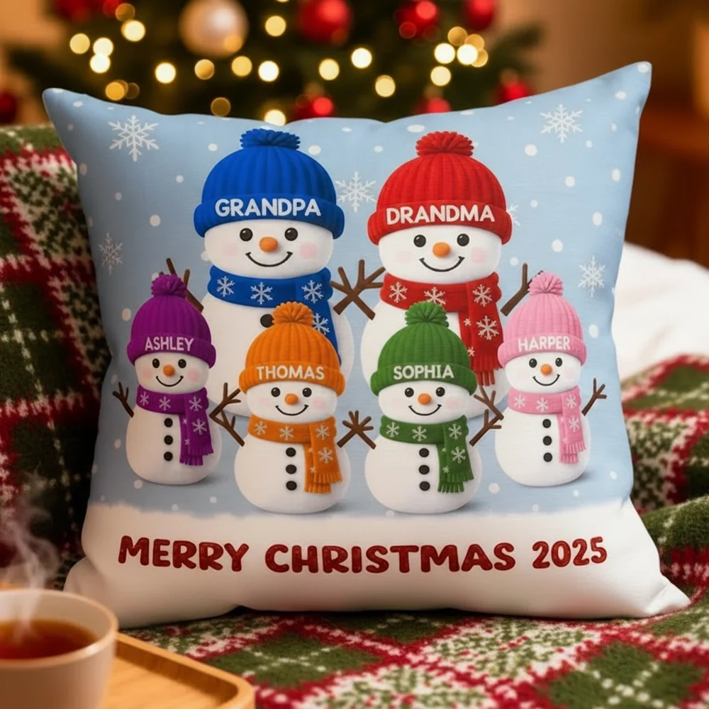 Square Pillow with Cute Snowman Family, plush velvet feel, festive room accent and creative gift for Grandma & Grandpa