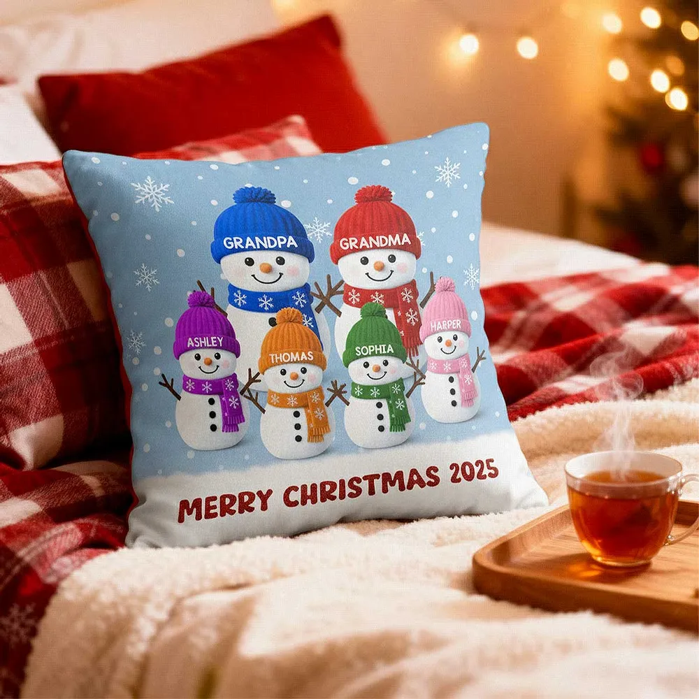 Square Pillow with Cute Snowman Family, plush velvet feel, festive room accent and creative gift for Grandma & Grandpa - Image 2