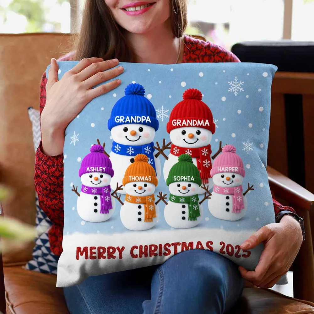 Square Pillow with Cute Snowman Family, plush velvet feel, festive room accent and creative gift for Grandma & Grandpa - Image 6