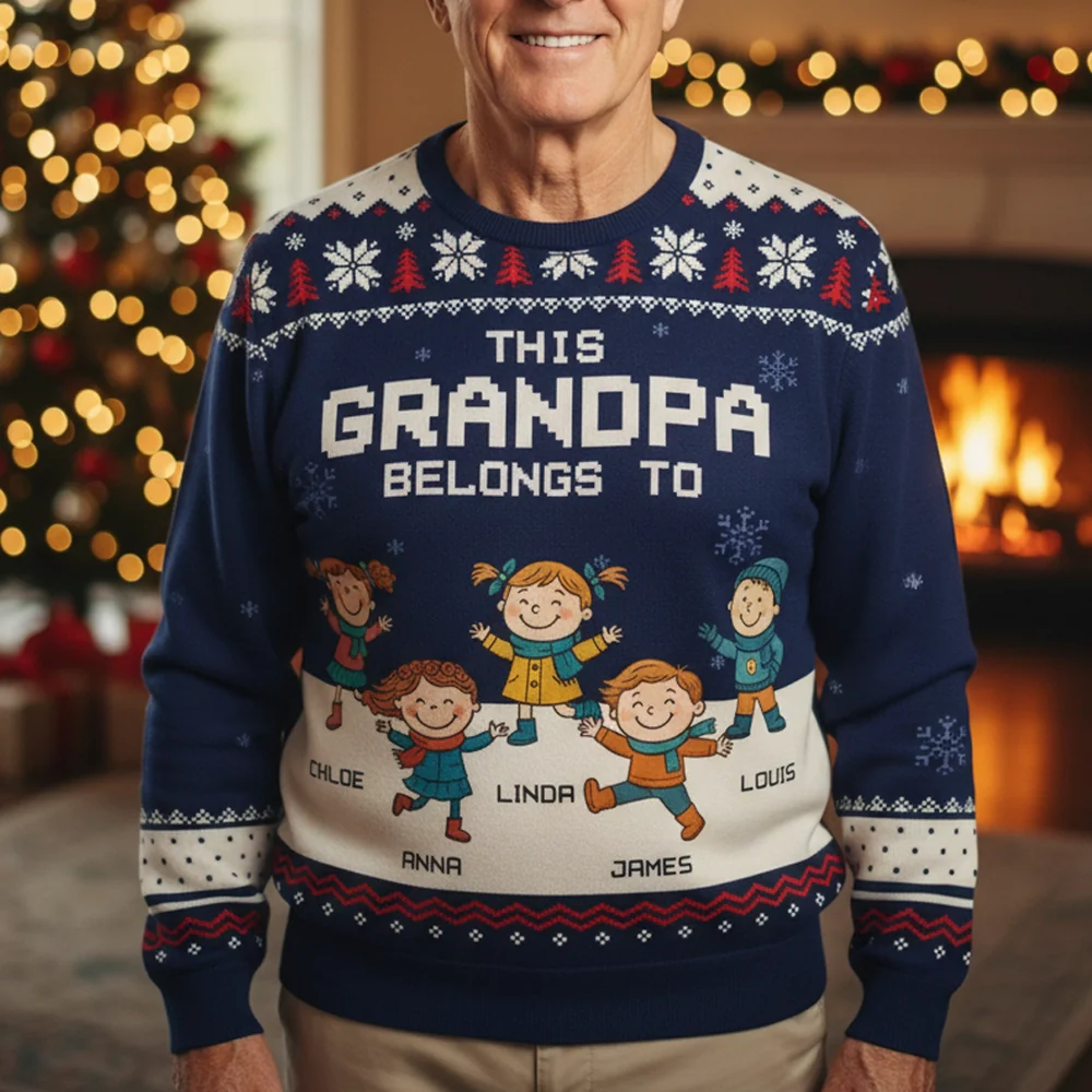 Printed Sweatshirt with Festive Snowflakes & Playful Grandkids Art, Cozy Holiday Wear, a Unique Gift for Grandpa