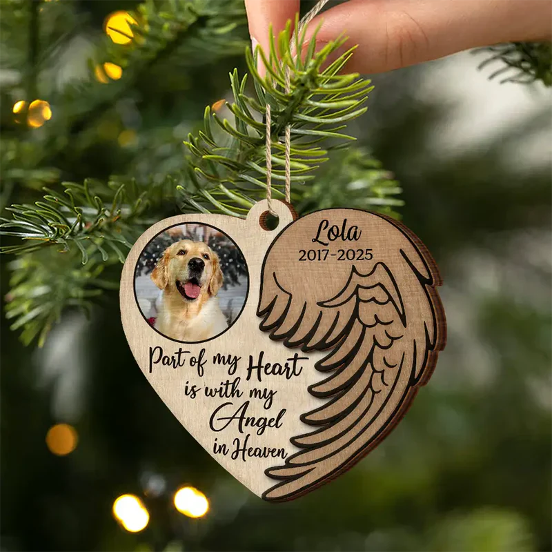 Wooden Ornament 2-Layer Heart with Angel Wing, Part of My Heart photo memorial, a unique gift for family - Image 3