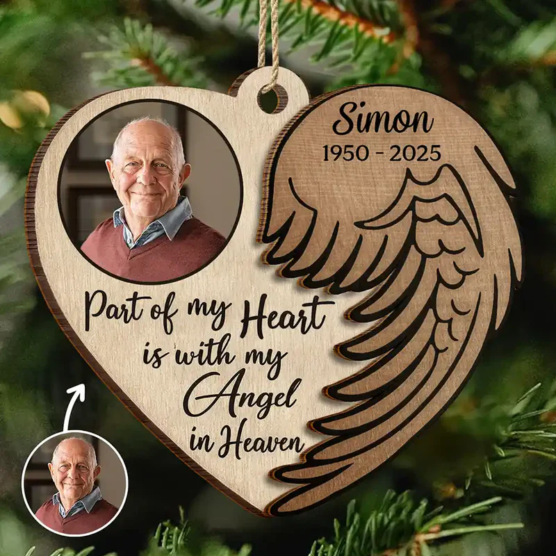 Wooden Ornament 2-Layer Heart with Angel Wing, Part of My Heart photo memorial, a unique gift for family - Image 7