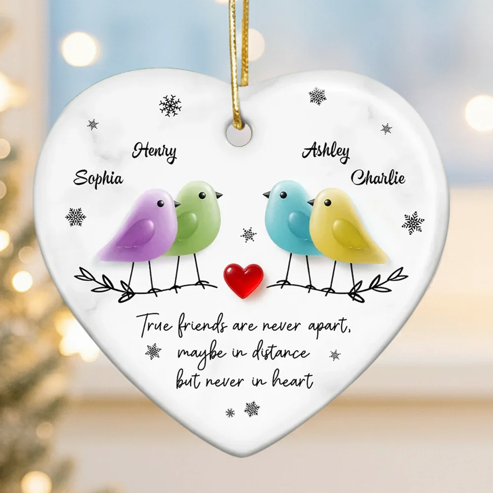 Ceramic Heart Ornament - Colorful Birds, Red Heart & Snowflakes - Unique Gift for Friends, Besties, Long-Distance Bond