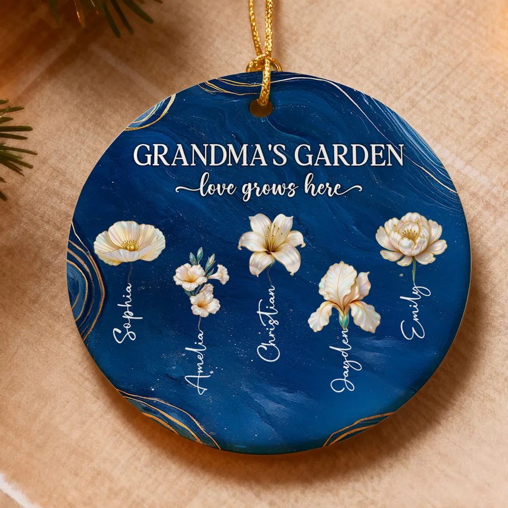 Grandma's Garden Ceramic Ornament, Birth Month Flowers, love grows here - unique gift for Grandma's Christmas tree - Image 2