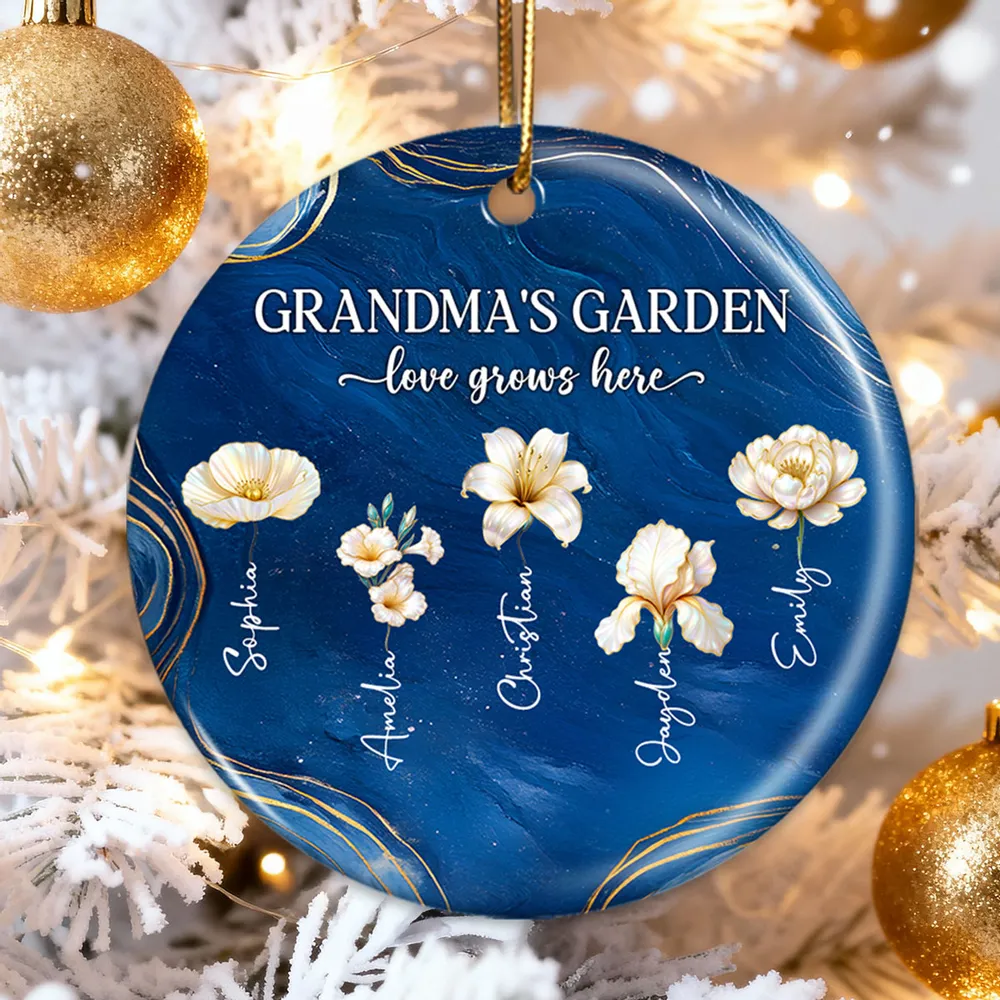 Grandma's Garden Ceramic Ornament, Birth Month Flowers, love grows here - unique gift for Grandma's Christmas tree - Image 3