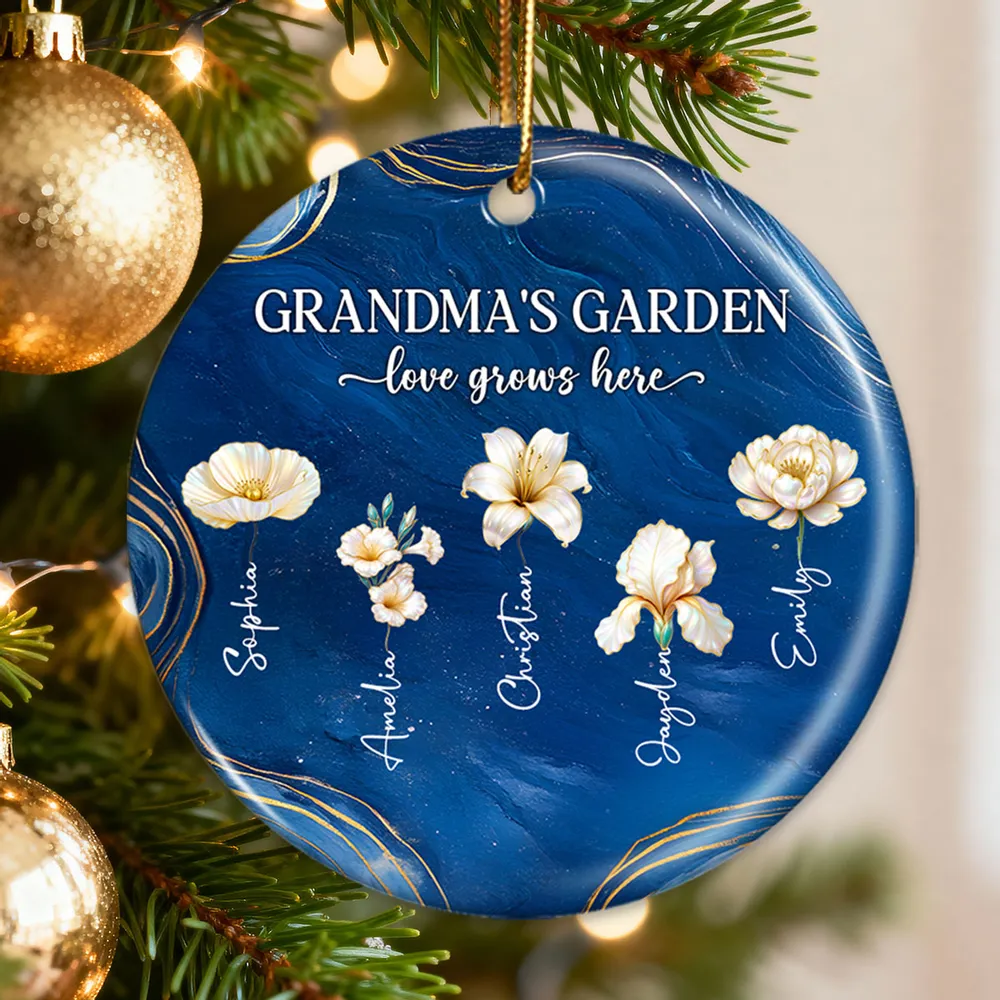 Grandma's Garden Ceramic Ornament, Birth Month Flowers, love grows here - unique gift for Grandma's Christmas tree - Image 6