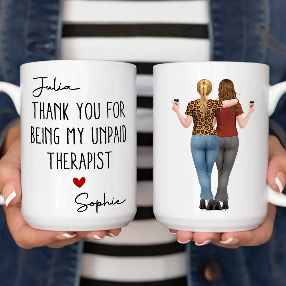 Mug with Hugging Friends Art, Thank You for Being My Unpaid Therapist, Customizable Unique Gift for Coworker or Best Friend - Image 3